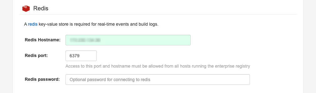 The Redis section of the Project Quay setup screen.