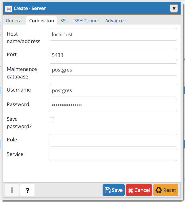 pgAdmin new server connection settings on Mac OS X