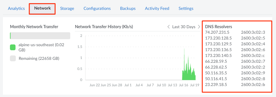 Screenshot of the DNS resolvers in the Cloud Manager