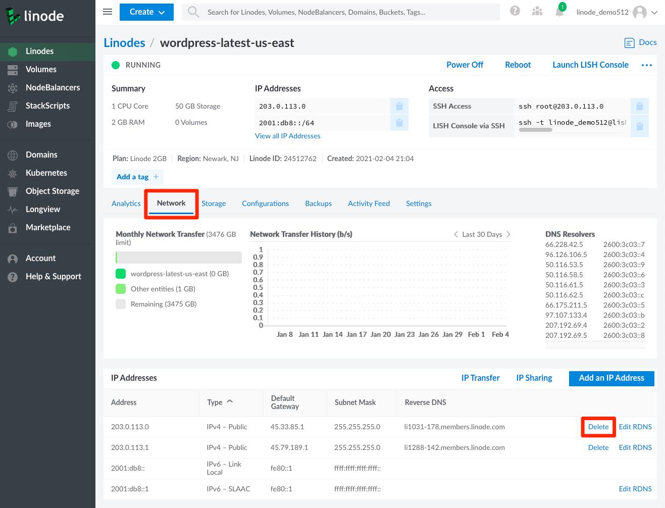 Cloud Manager Delete a Public IP Address